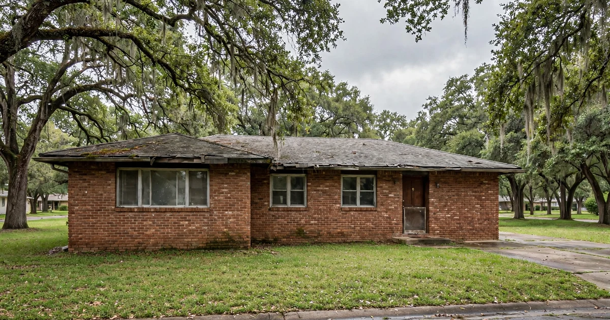 Baywood Shadows roof repair in Pasadena: weathered 3-tab roof with slight granule wear on a brick ranch shaded by tall live oaks, overcast