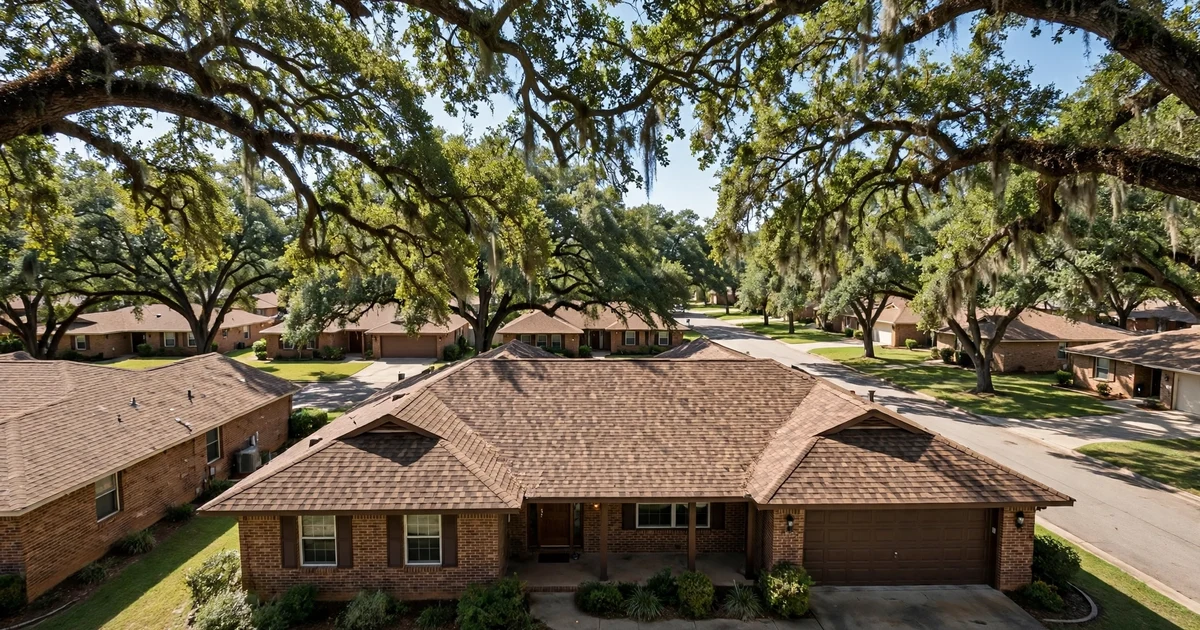 Brookwood roof repair in Pasadena: slightly elevated view of a 1980s brick ranch with warm brown architectural shingles under a broad oak canopy, clear sky