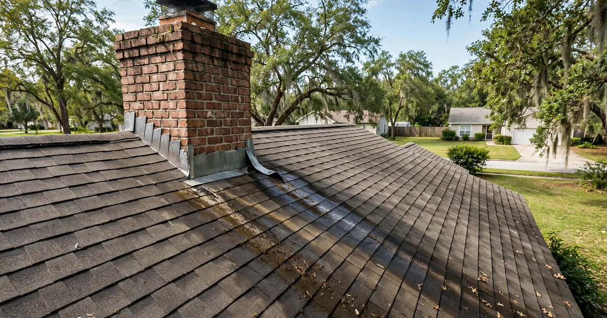 New metal chimney flashing being sealed where a brick chimney meets a shingle roof