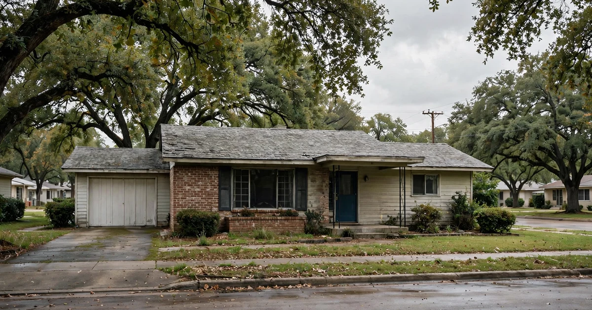 Clear Lake City roof repair in Pasadena: 1960s ranch with faded gray 3-tab shingles on a mid-century street with large shade trees, overcast sky