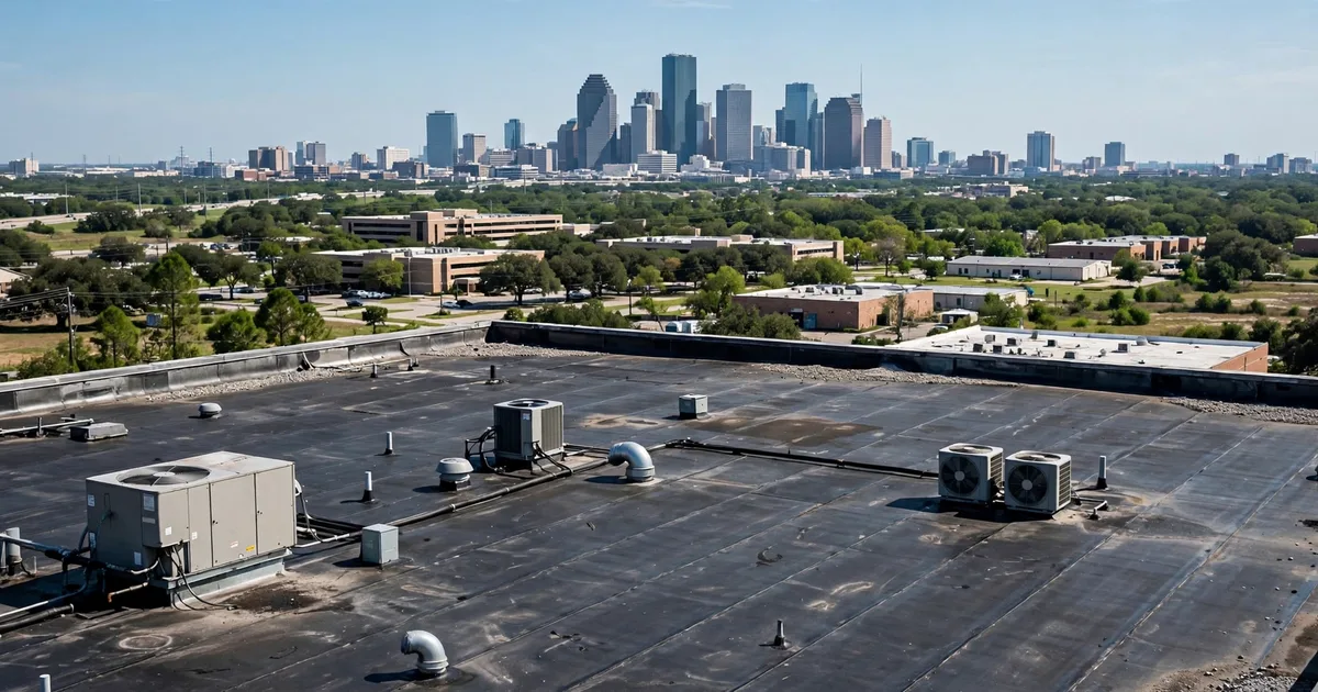 Standing ponding water on a flat commercial roof near a roof drain after rain