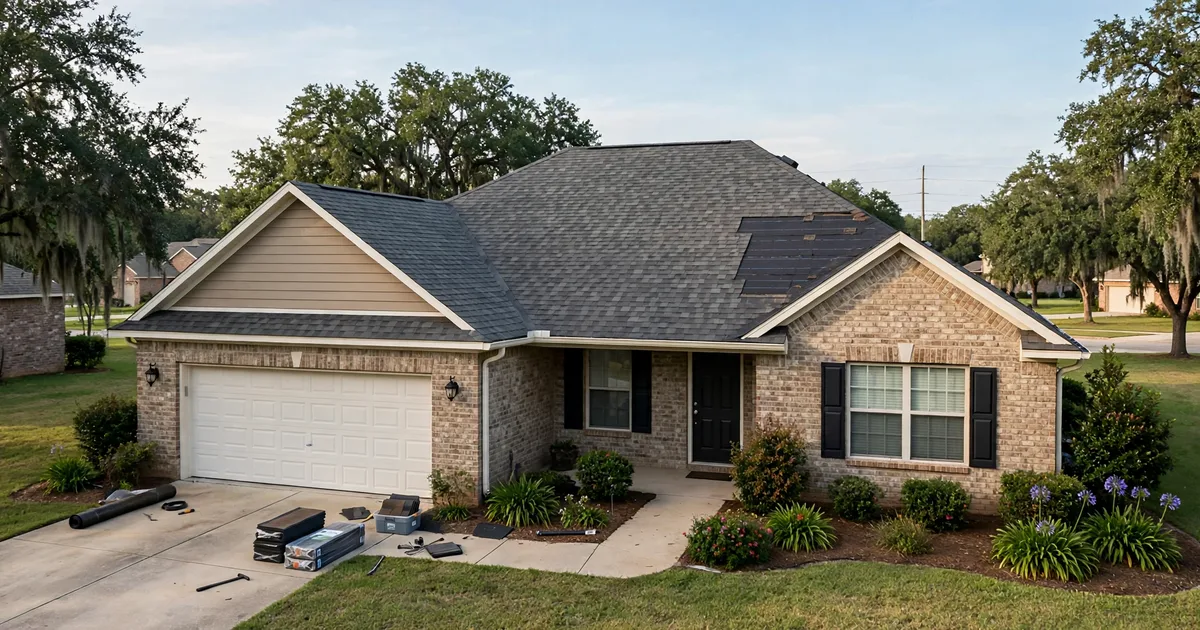 Roof repair in Cypress: shingle work on a newer subdivision home