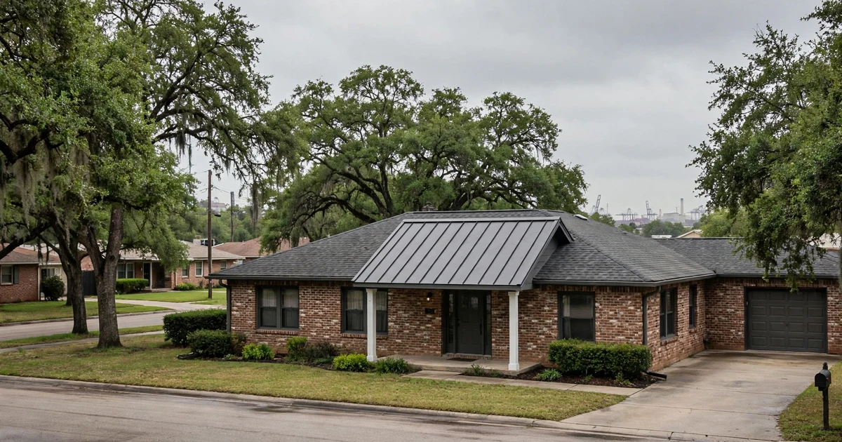 Deepwater roof repair in Pasadena: brick ranch with dark gray architectural shingles and a standing-seam metal accent over the porch, overcast