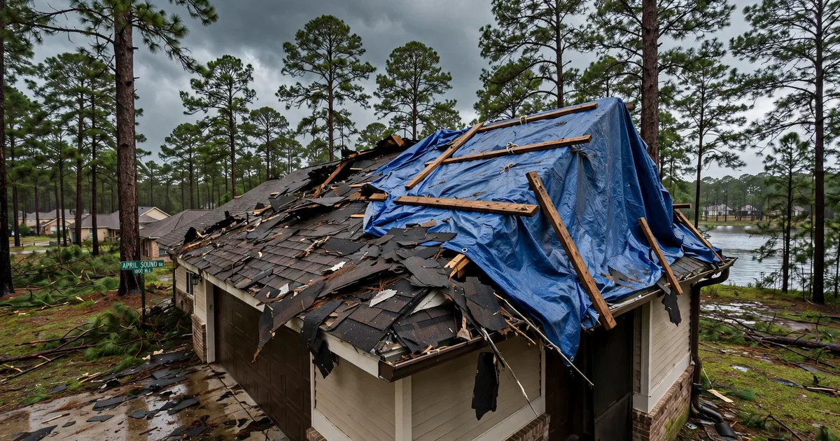 Emergency roof repair in April Sound, Conroe: blue tarp secured over torn shingles after a storm