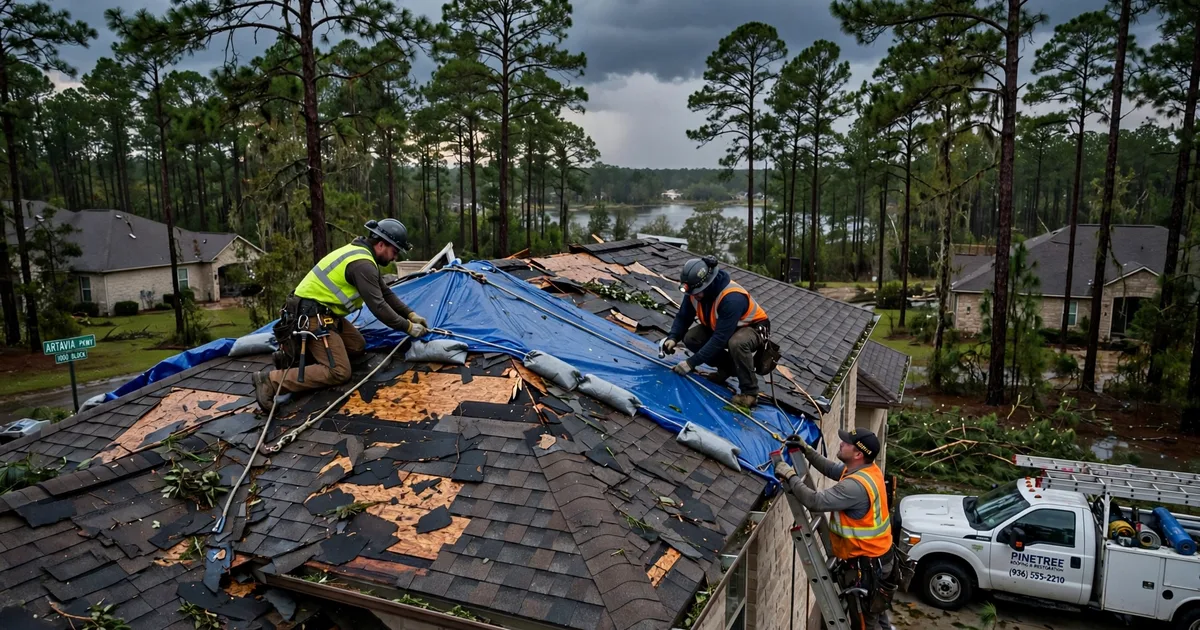 Emergency roof repair in Artavia, Conroe: crew securing an emergency tarp at dusk