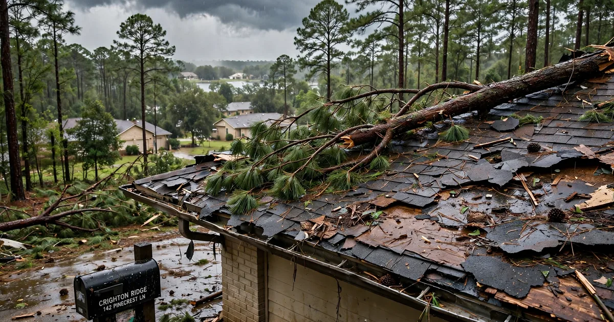 Emergency roof repair in Crighton Ridge, Conroe: fallen tree branch resting on a damaged roof