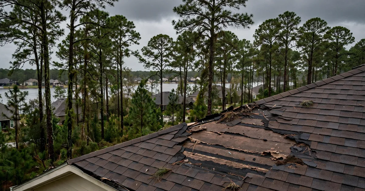 Emergency roof repair in Del Lago, Conroe: patch of missing shingles on a windward slope