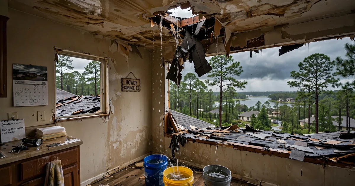 Emergency roof repair in Downtown Conroe, Conroe: water-stained ceiling with buckets catching drips