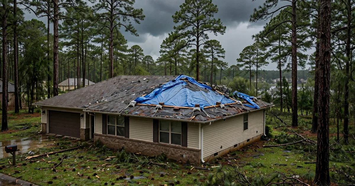 Emergency roof repair in Grand Central Park, Conroe: blue tarp secured over torn shingles after a storm