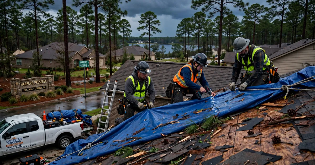 Emergency roof repair in Harpers Preserve, Conroe: crew securing an emergency tarp at dusk