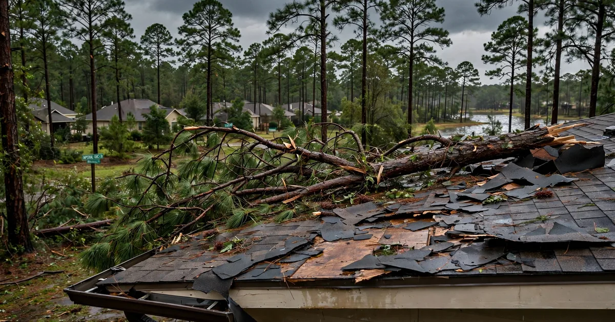 Emergency roof repair in Imperial Oaks, Conroe: fallen tree branch resting on a damaged roof