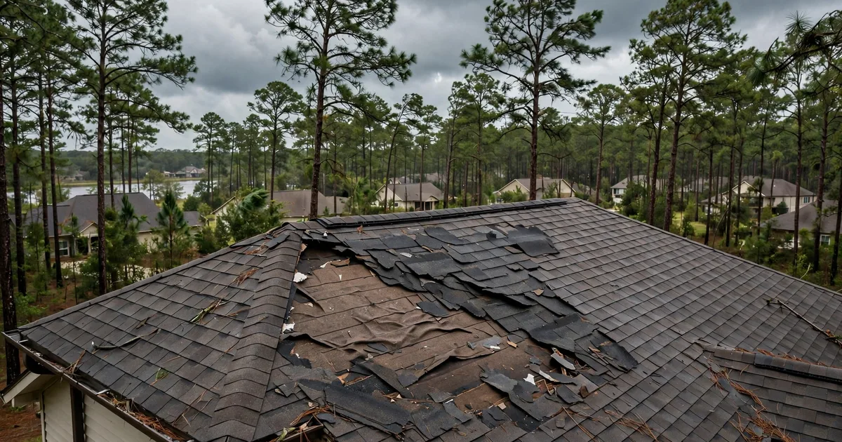 Emergency roof repair in Lake Conroe Forest, Conroe: patch of missing shingles on a windward slope