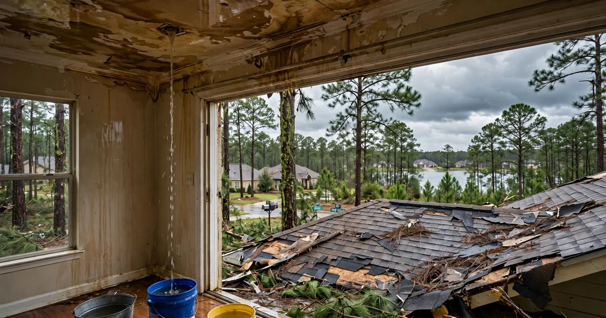 Emergency roof repair in River Plantation, Conroe: water-stained ceiling with buckets catching drips