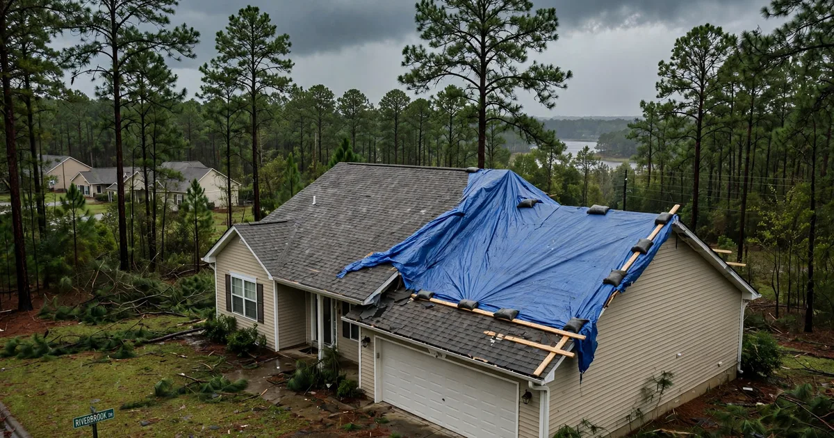 Emergency roof repair in Riverbrook, Conroe: blue tarp secured over torn shingles after a storm