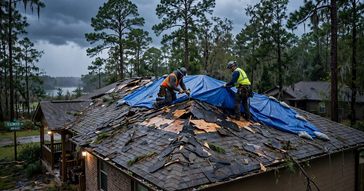 Emergency roof repair in Teaswood, Conroe: crew securing an emergency tarp at dusk