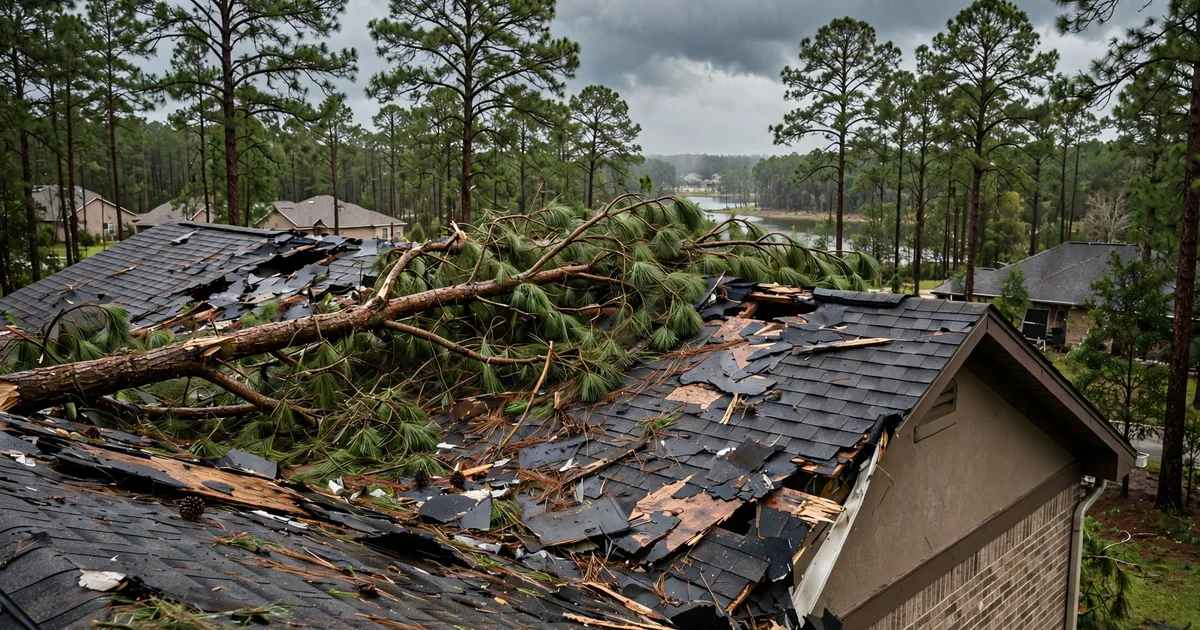 Emergency roof repair in The Woodlands Hills, Conroe: fallen tree branch resting on a damaged roof