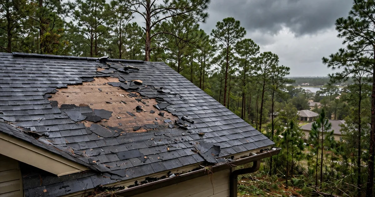 Emergency roof repair in Walden, Conroe: patch of missing shingles on a windward slope