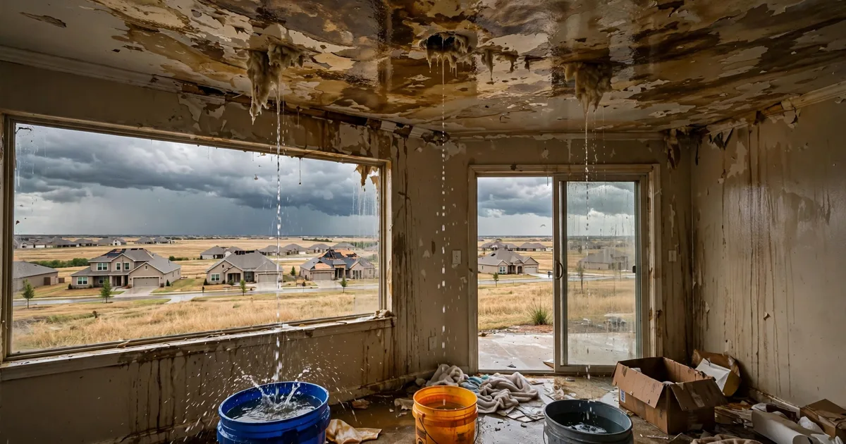 Emergency roof repair in Anniston, Katy: water-stained ceiling with buckets catching drips