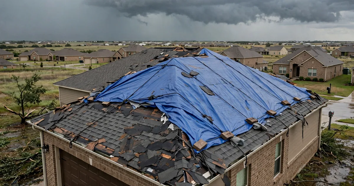 Emergency roof repair in Avalon At Seven Meadows, Katy: blue tarp secured over torn shingles after a storm