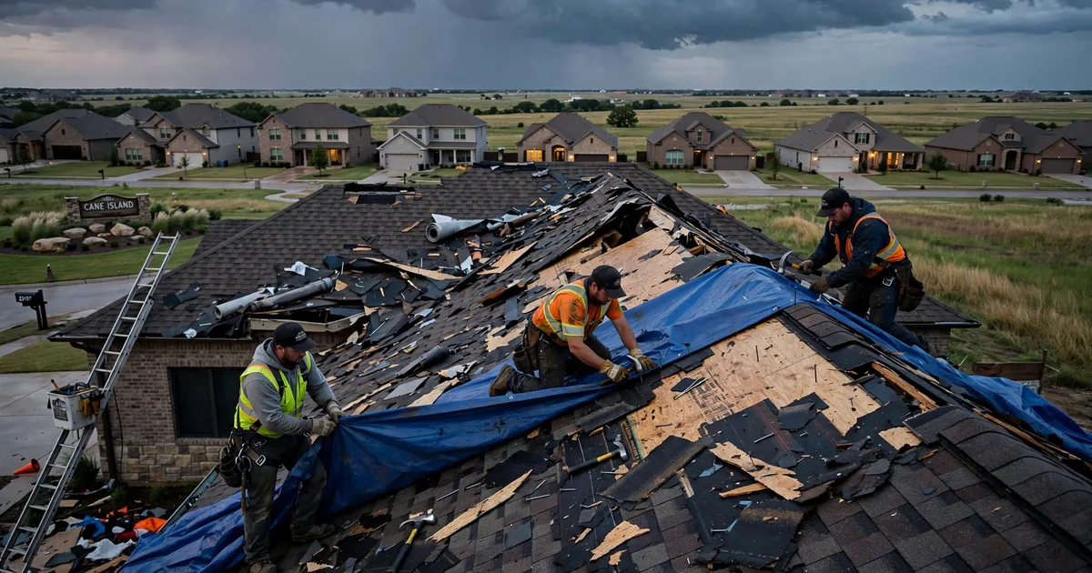 Emergency roof repair in Cane Island, Katy: crew securing an emergency tarp at dusk