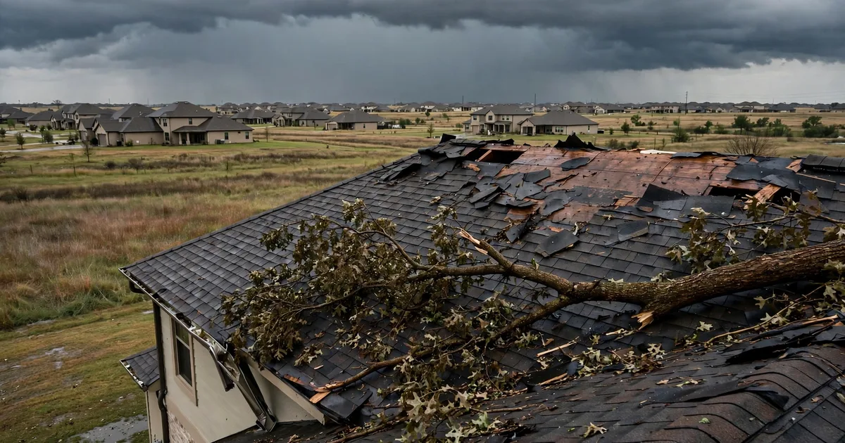 Emergency roof repair in Cinco Ranch, Katy: fallen tree branch resting on a damaged roof