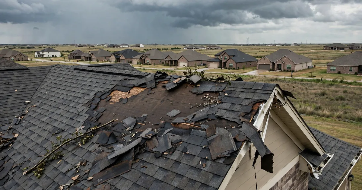 Emergency roof repair in Cross Creek Ranch, Katy: patch of missing shingles on a windward slope