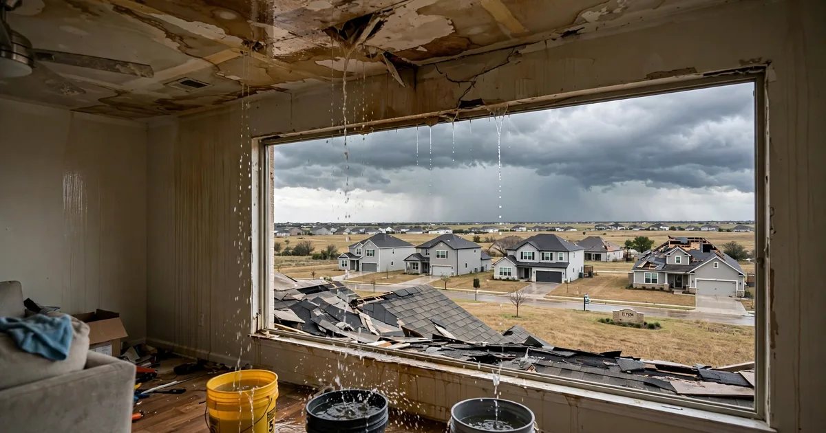 Emergency roof repair in Elyson, Katy: water-stained ceiling with buckets catching drips