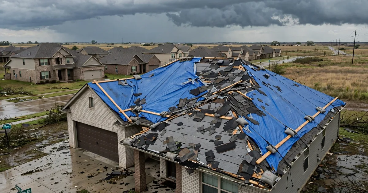 Emergency roof repair in Firethorne, Katy: blue tarp secured over torn shingles after a storm