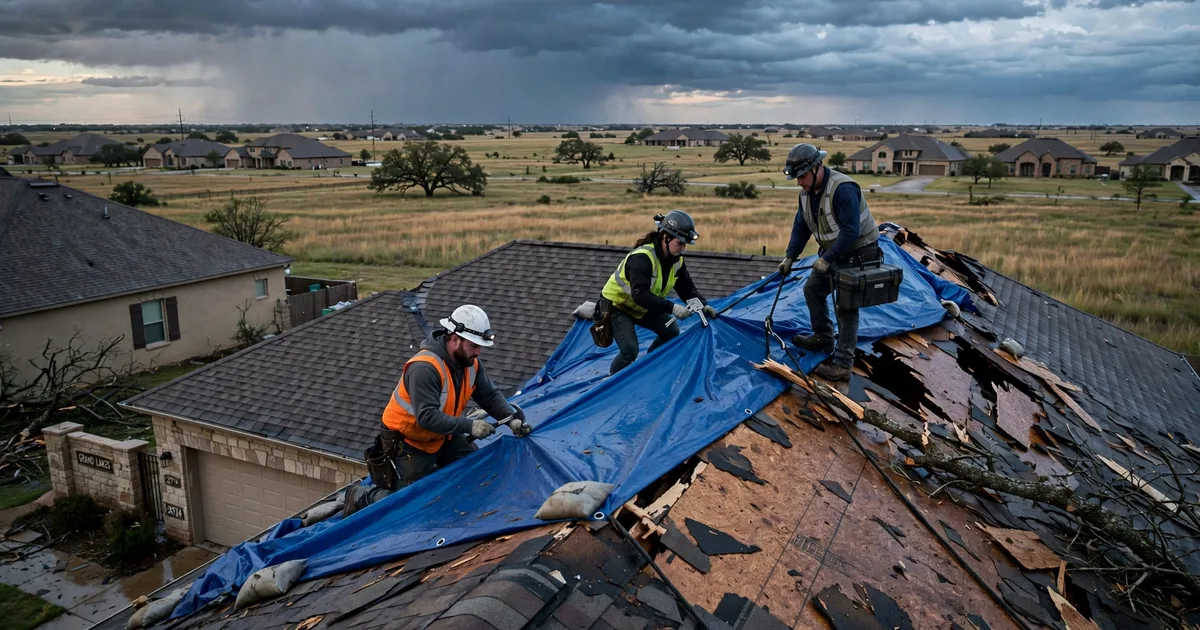 Emergency roof repair in Grand Lakes, Katy: crew securing an emergency tarp at dusk