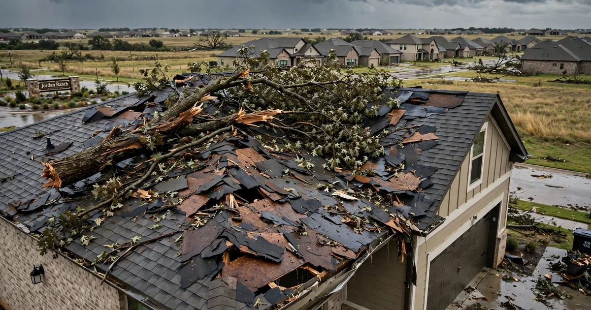 Emergency roof repair in Jordan Ranch, Katy: fallen tree branch resting on a damaged roof