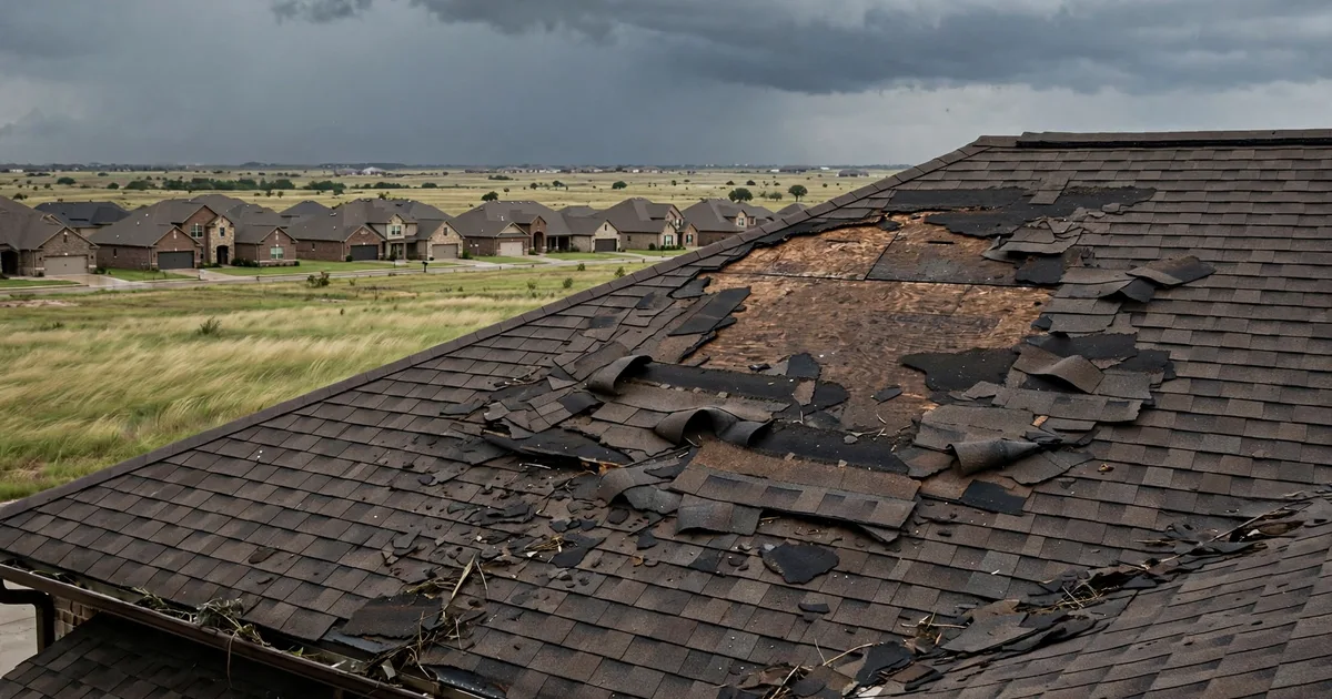 Emergency roof repair in Kelliwood, Katy: patch of missing shingles on a windward slope