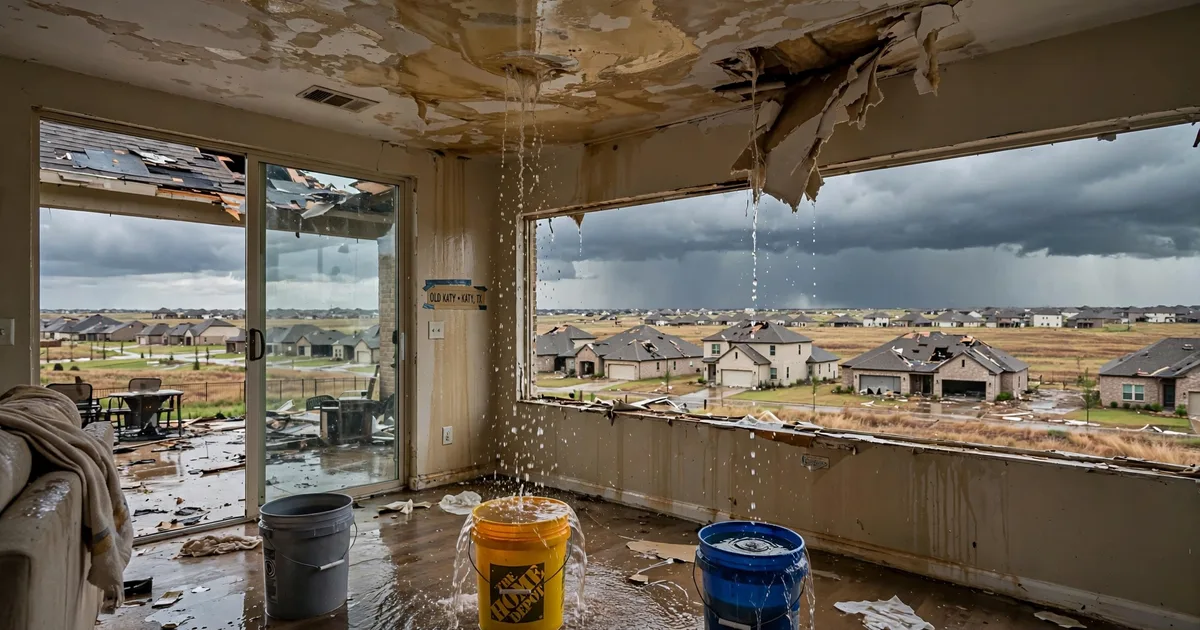 Emergency roof repair in Old Katy, Katy: water-stained ceiling with buckets catching drips