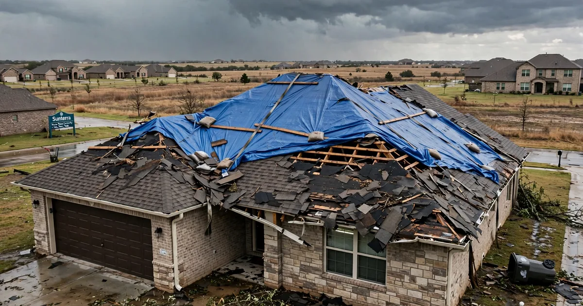 Emergency roof repair in Sunterra, Katy: blue tarp secured over torn shingles after a storm