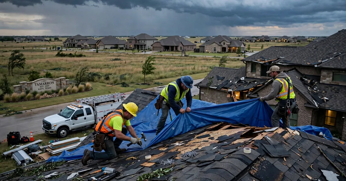 Emergency roof repair in Tamarron, Katy: crew securing an emergency tarp at dusk