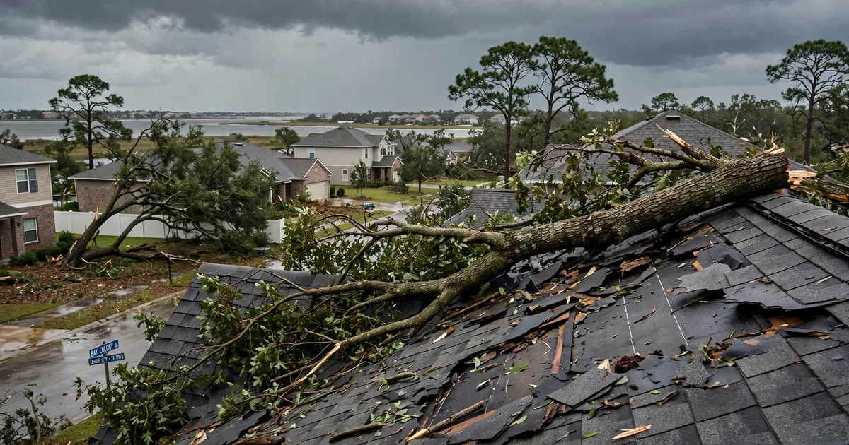 Emergency roof repair in Bay Colony, League City: fallen tree branch resting on a damaged roof