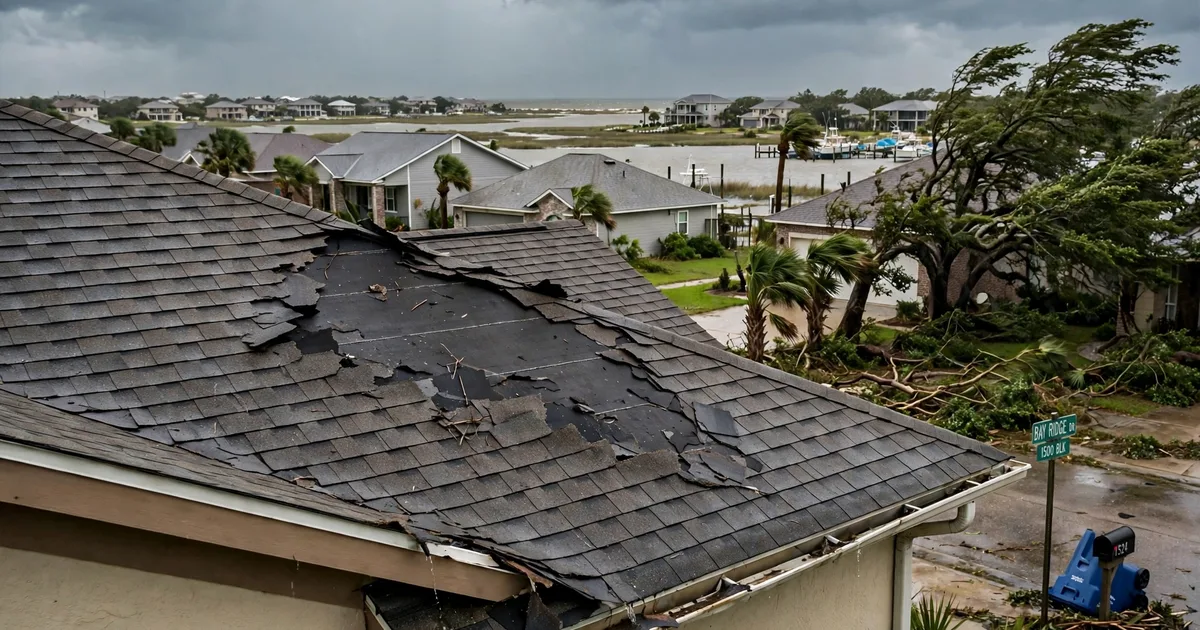 Emergency roof repair in Bay Ridge, League City: patch of missing shingles on a windward slope