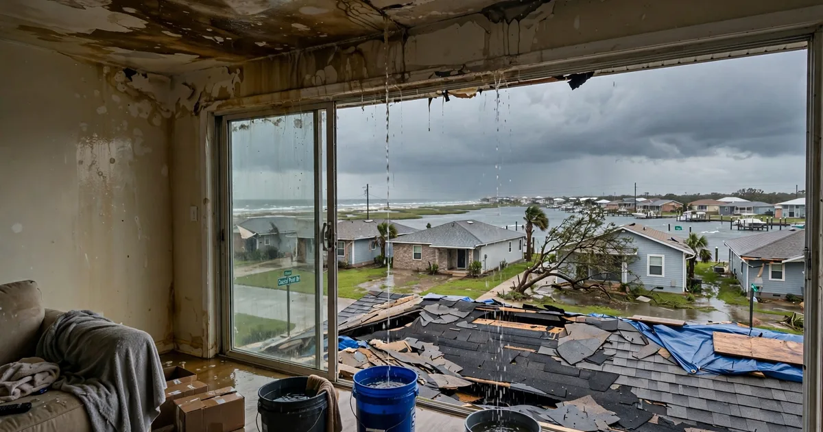 Emergency roof repair in Coastal Point, League City: water-stained ceiling with buckets catching drips