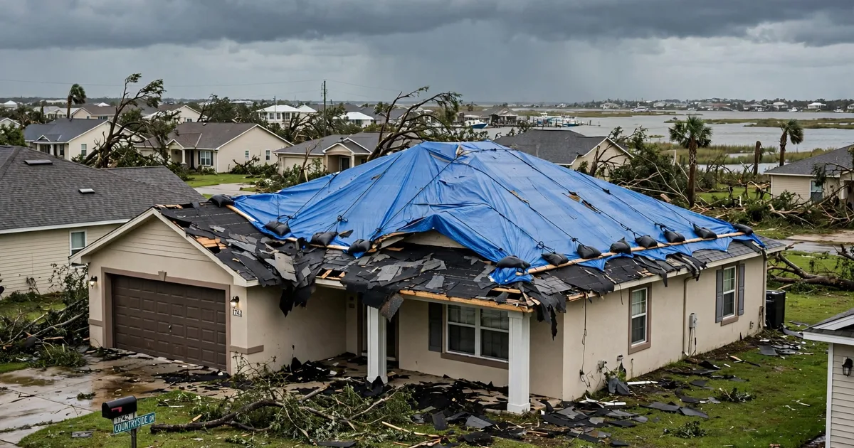 Emergency roof repair in Countryside, League City: blue tarp secured over torn shingles after a storm