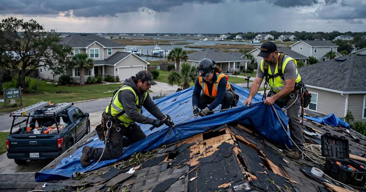 Emergency roof repair in Lago Mar, League City: crew securing an emergency tarp at dusk