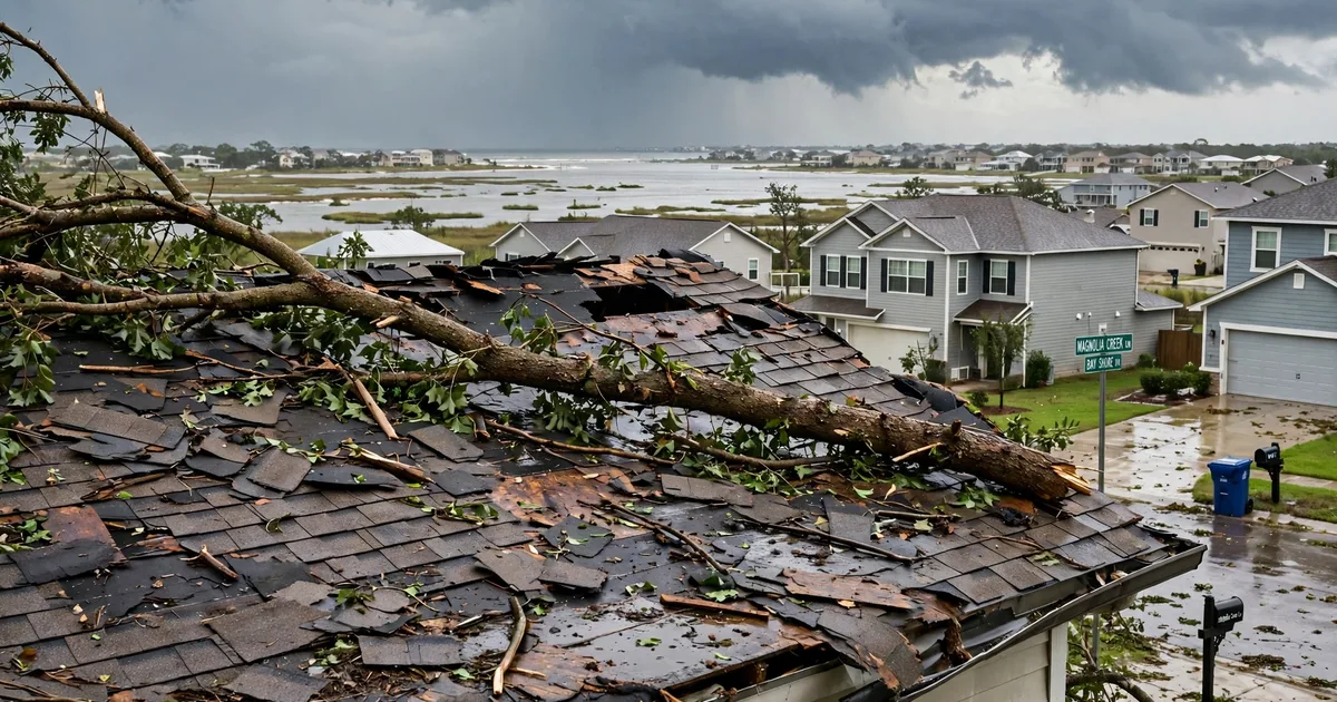 Emergency roof repair in Magnolia Creek, League City: fallen tree branch resting on a damaged roof
