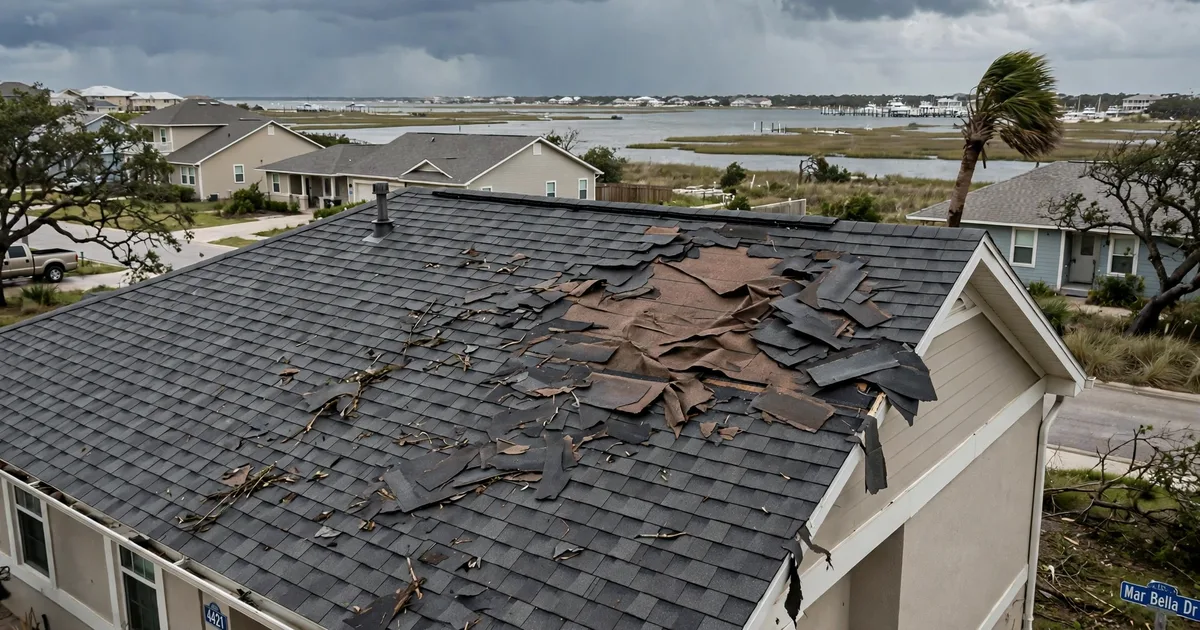 Emergency roof repair in Mar Bella, League City: patch of missing shingles on a windward slope