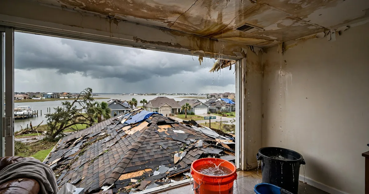 Emergency roof repair in Marina Bay, League City: water-stained ceiling with buckets catching drips