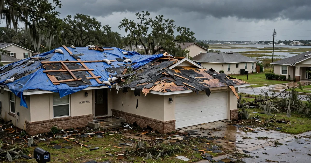 Emergency roof repair in Rustic Oaks, League City: blue tarp secured over torn shingles after a storm