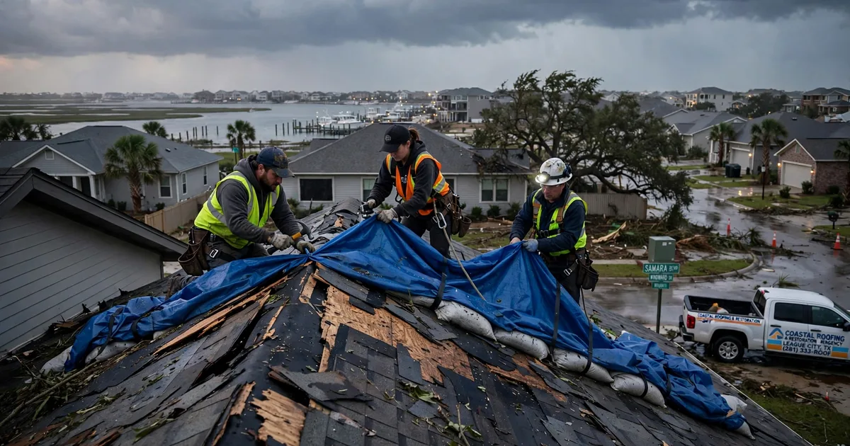 Emergency roof repair in Samara, League City: crew securing an emergency tarp at dusk