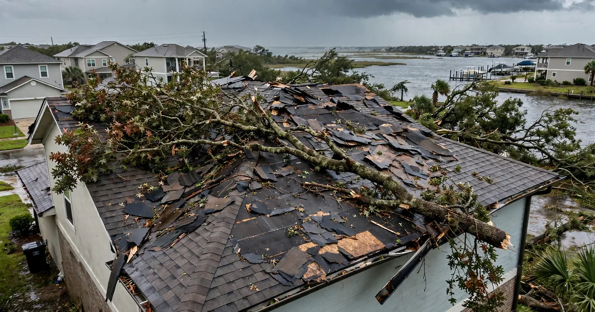 Emergency roof repair in South Shore Harbour, League City: fallen tree branch resting on a damaged roof