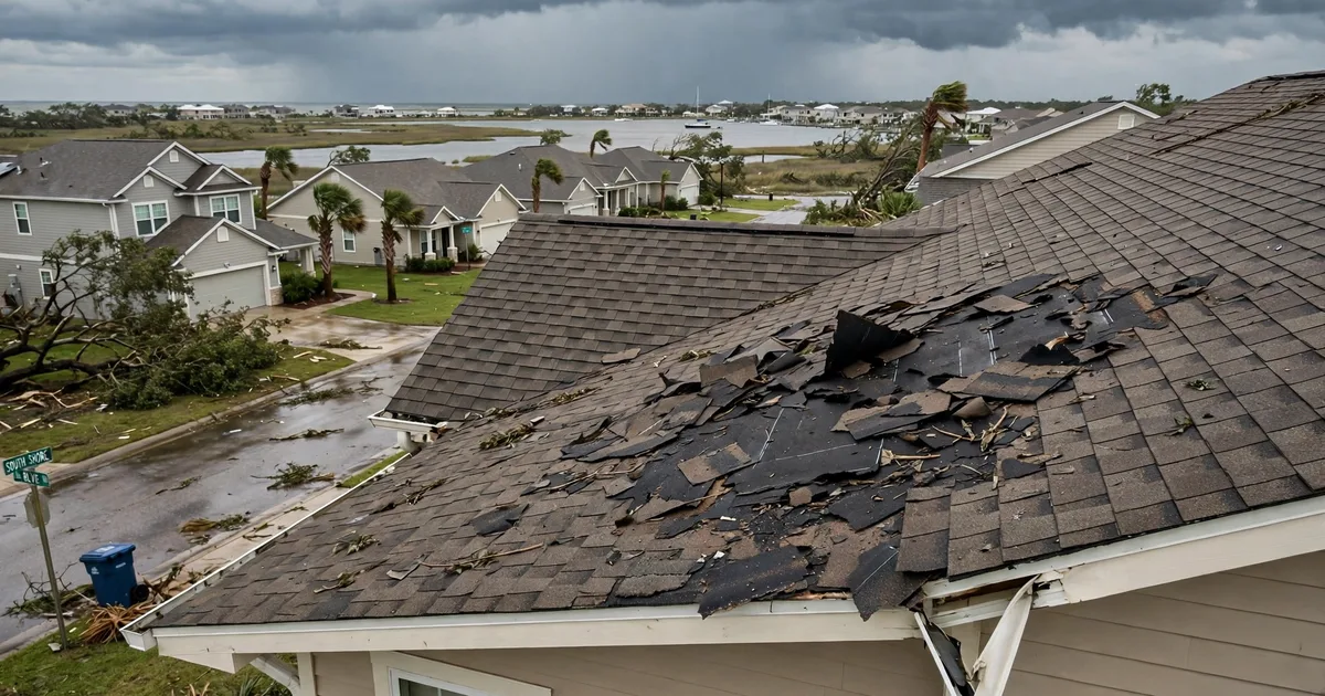 Emergency roof repair in South Shore, League City: patch of missing shingles on a windward slope