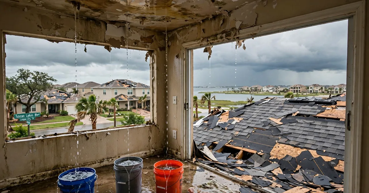 Emergency roof repair in Tuscan Lakes, League City: water-stained ceiling with buckets catching drips