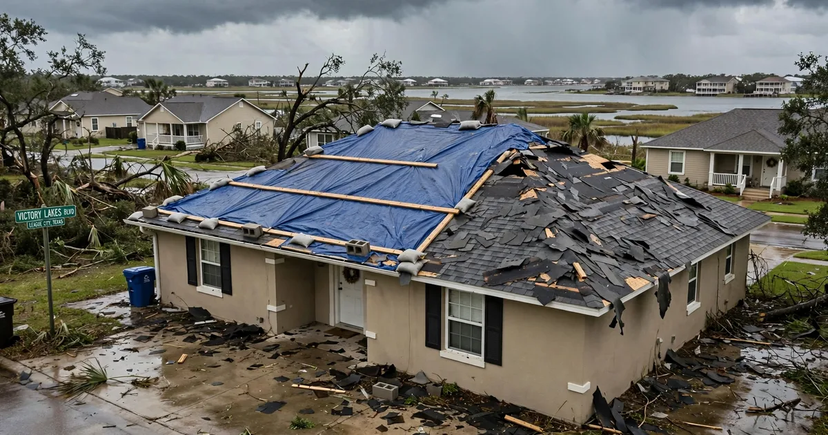 Emergency roof repair in Victory Lakes, League City: blue tarp secured over torn shingles after a storm