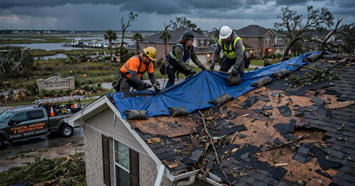 Emergency roof repair in Westland Ranch, League City: crew securing an emergency tarp at dusk
