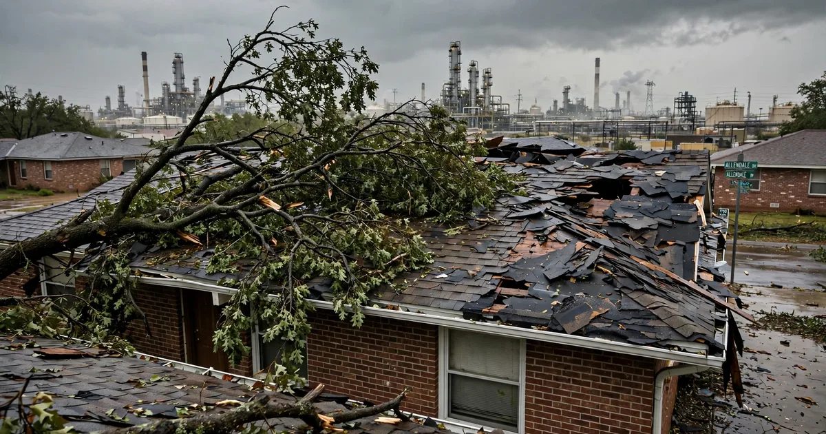 Emergency roof repair in Allendale, Pasadena: fallen tree branch resting on a damaged roof